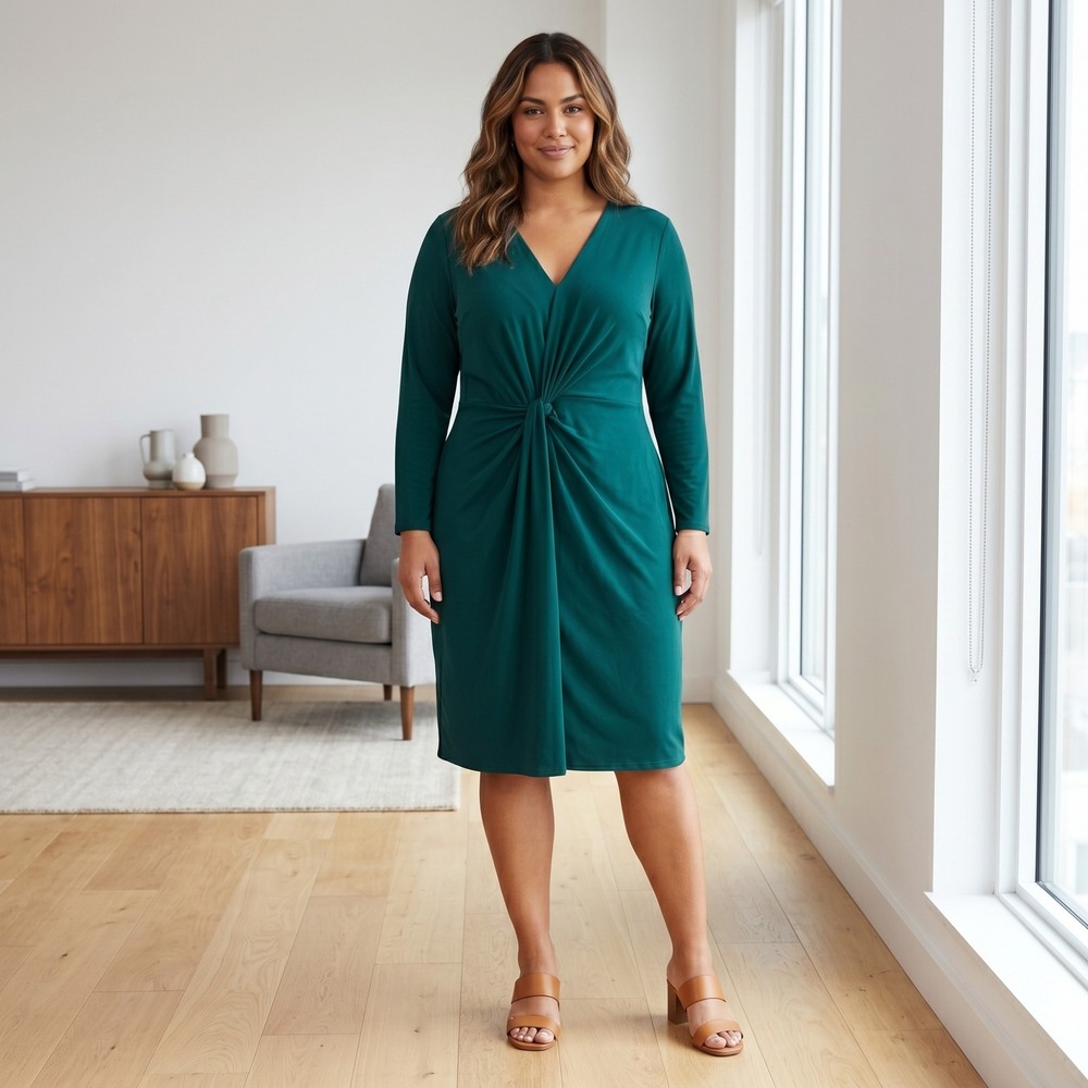 Lane Bryant Plus Womens‎ 22/24 Green Knot Front Midi Dress Long Sleeve V-Neck